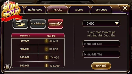 Nạp tiền nhanh chóng tại sân chơi SunGold